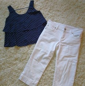 Kut White Denim Crops & Small Blue Polka Dot Top